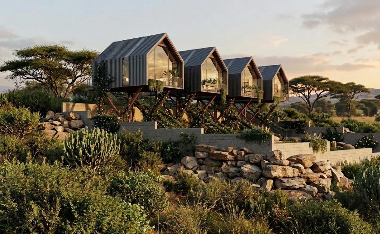 Concept showing a row of elevated, steel-clad modular homes on a natural hillside